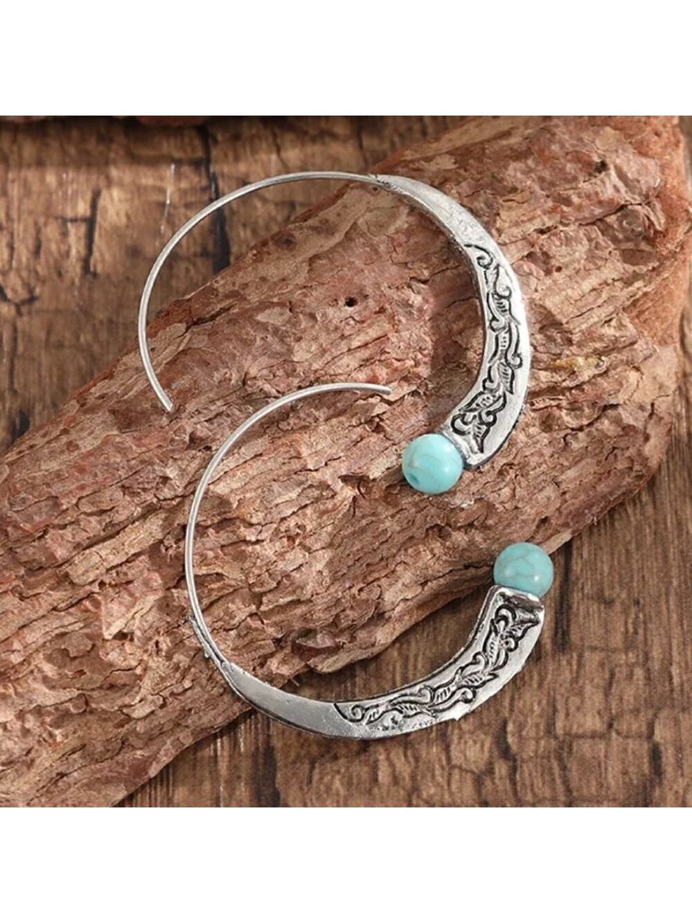 Large Silver Tone Feather Spiral Earrings in Turquoise Blue #1314